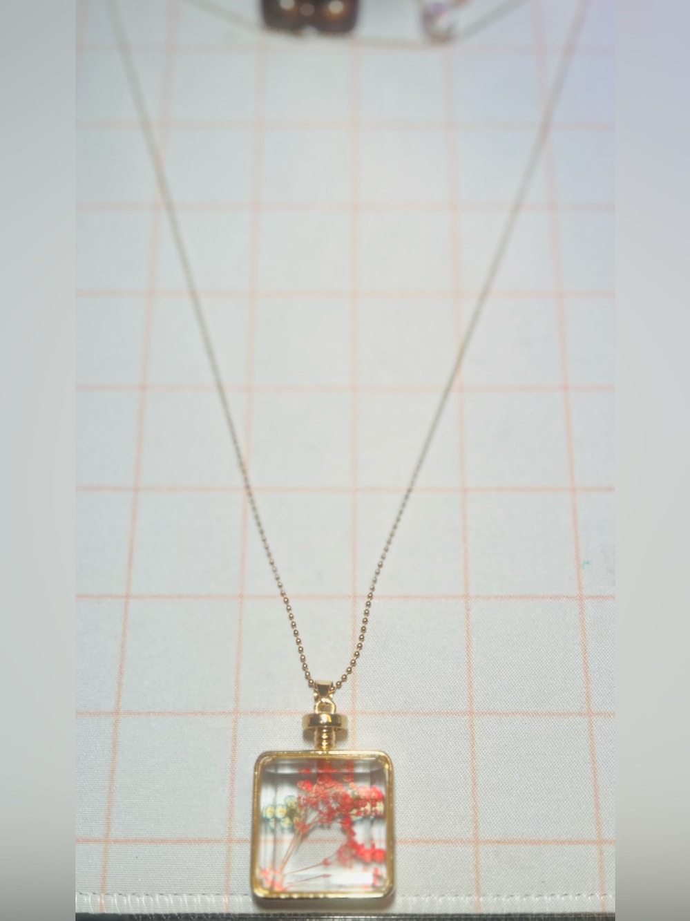 Gold Square Glass Pendant Necklace with pink floral